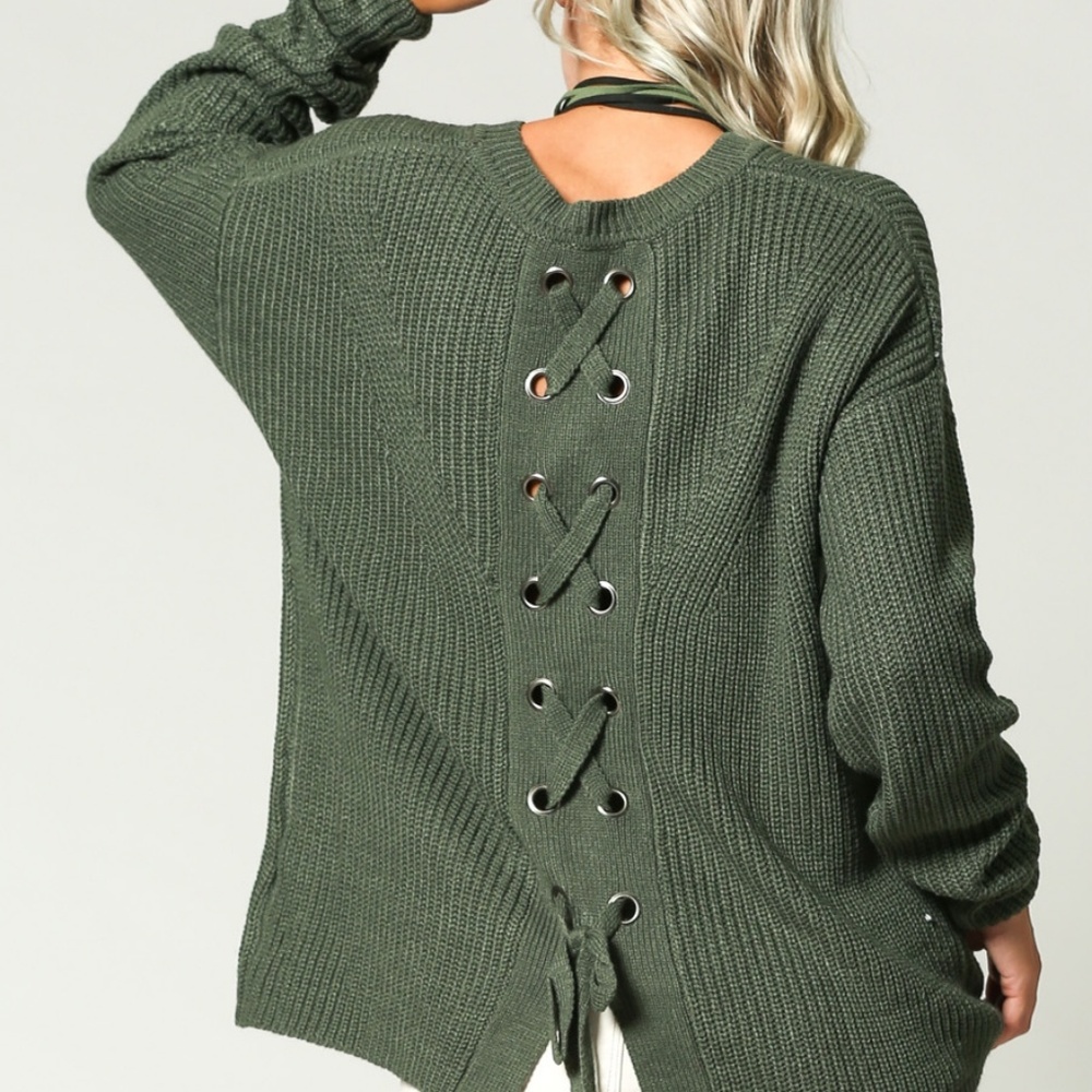 Olive eyelet lace up pullover sweater - Picture 5 of 5